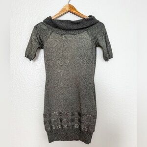 Bebe off the shoulder short sleeve gold black lurex mini dress S